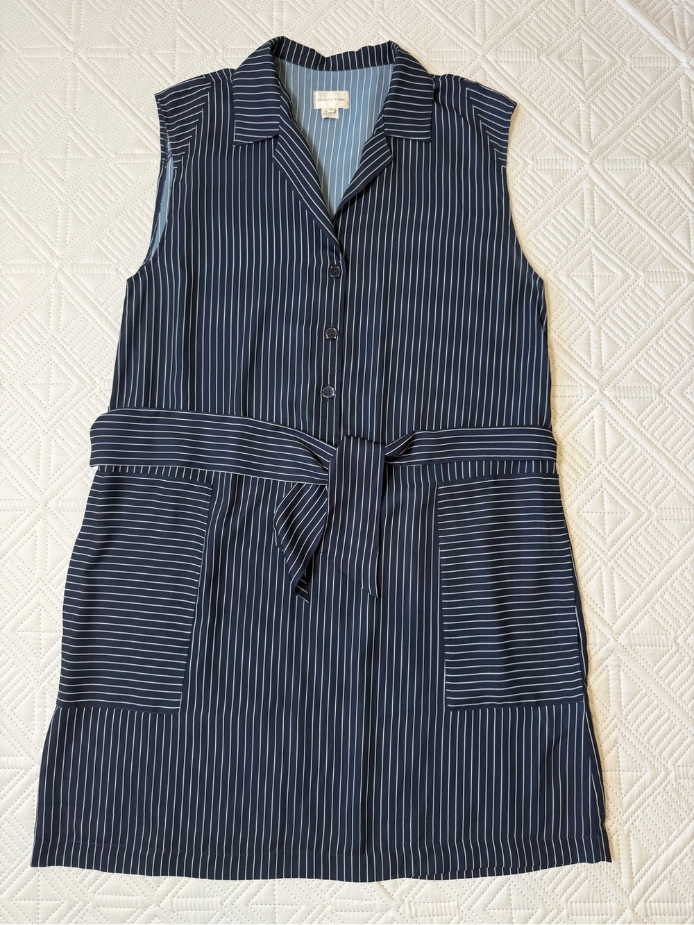 GANT Rugger Sleeveless Navy Pinstripe Shirt Dress with Tie Belt Size S